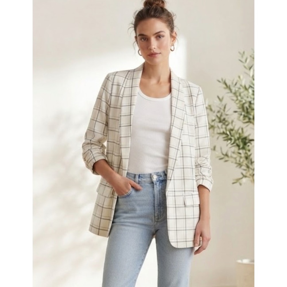 Anthropology Mare Mare  Windowpane Plaid Blazer Jacket XS White/Brown New